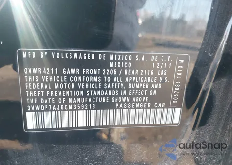 2012 Volkswagen Jetta 2.5L Se z USA, uszkodzony, nr VIN 3VWDP7AJ6CM359218